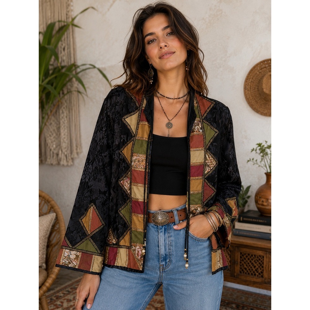 Allure Patchwork Jacket Boho Festival Open‎ Front Tapestry Lightweight Jacket
